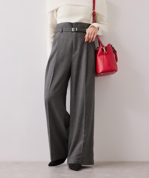 起毛ウールライク版ベルトディテールタックワイドパンツ