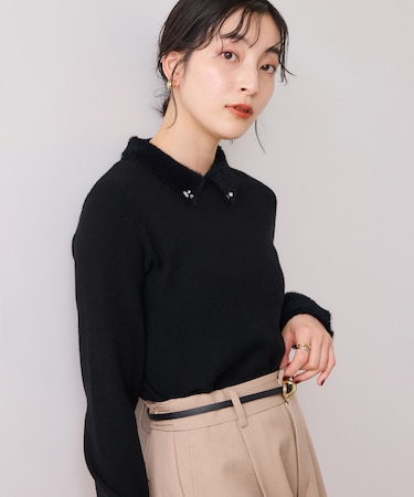 ビジュー付きシャギーカラーニットトップス