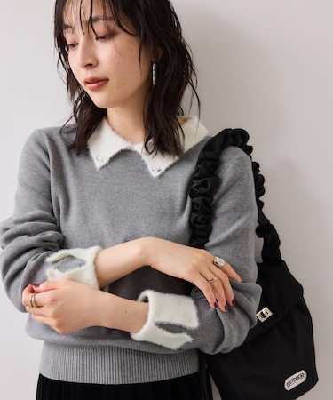 ビジュー付きシャギーカラーニットトップス