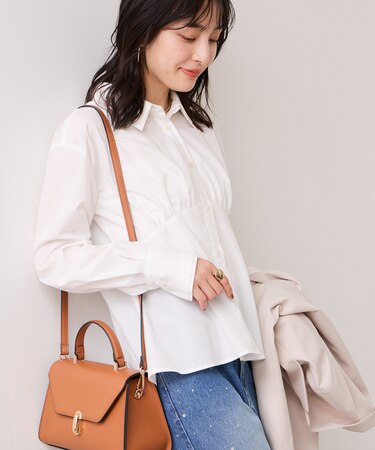 無地＆ストライプダブルカラーウエスト切り替えシャツ