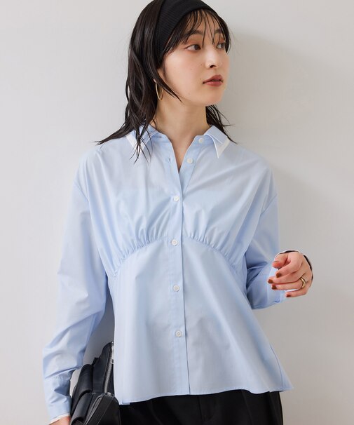 無地＆ストライプダブルカラーウエスト切り替えシャツ