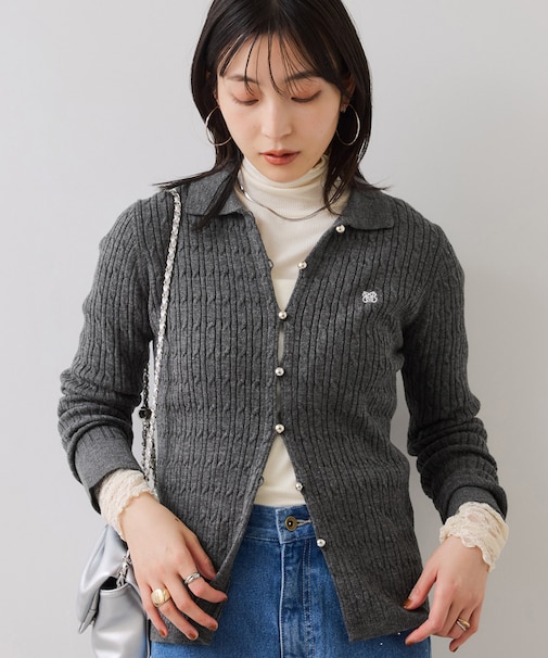 ポロ衿ケーブルカーディガン
