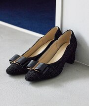 【新色追加】ハートカット リボン ツイード 合皮 パンプス