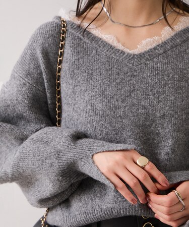 Vネックレースニットプルオーバー