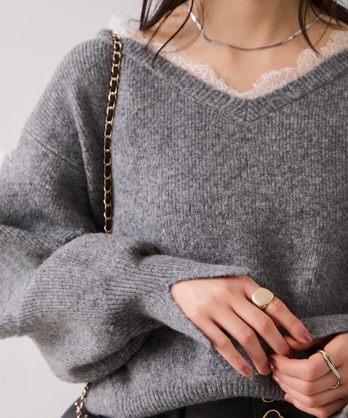 Vネックレースニットプルオーバー