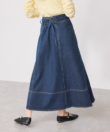 バックレースアップフレアデニムスカート/イージーケア