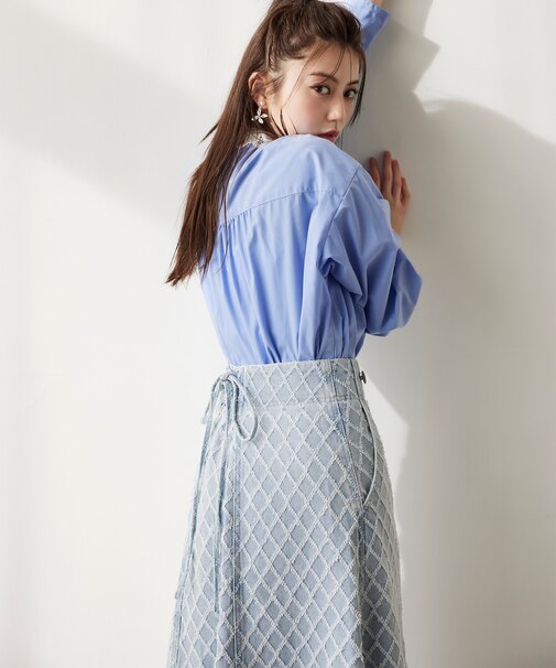 バックレースアップフレアデニムスカート/イージーケア