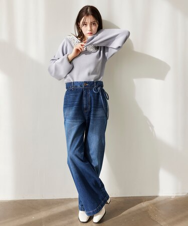 ベルト付きワイドシルエットデニムパンツ