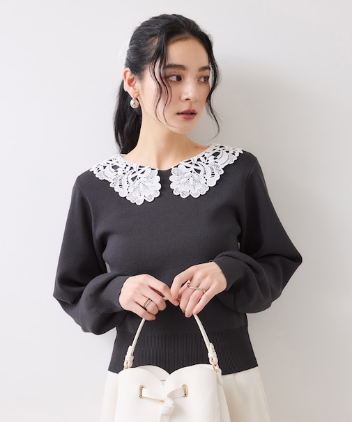 レースカラーニットプルオーバー/イージーケア