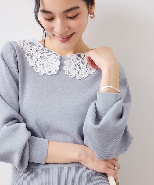 レースカラーニットプルオーバー/イージーケア