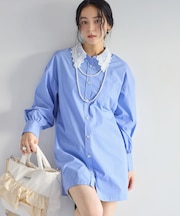 襟レース付きミニ丈シャツワンピ