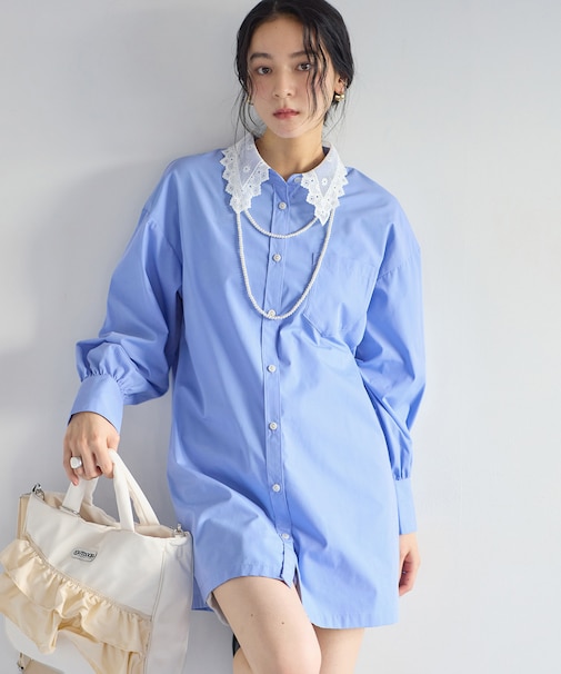 襟レース付きミニ丈シャツワンピ