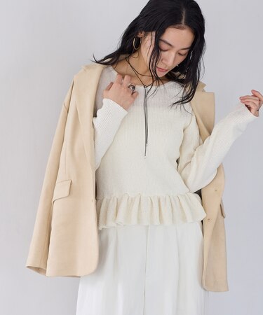 スラブヤーンペプラムフリルニットプルオーバー