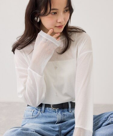 ラメメッシュスリーブ切り替えシアーロンT