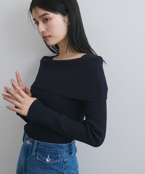 【WEB限定】オフショルダー風リブニットプルオーバー/イージーケア・UVケア