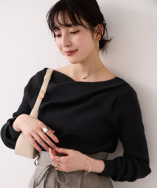 ドレープオフショルダーリブニット/イージーケア