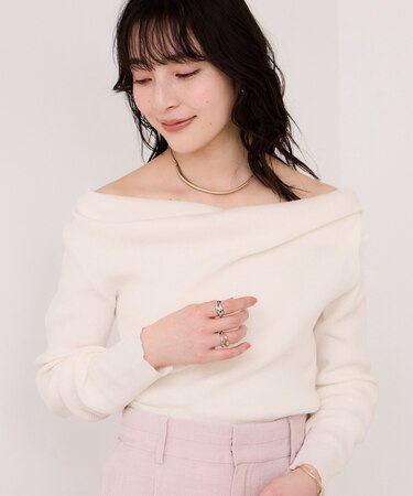 ドレープオフショルダーリブニット/イージーケア