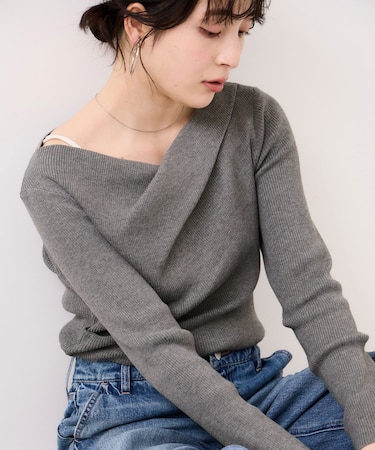 ドレープオフショルダーリブニット/イージーケア