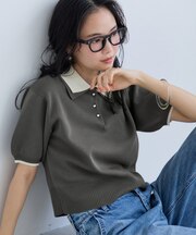 ダブルカラー半袖ポロニットトップス/イージーケア・WEB限定カラー