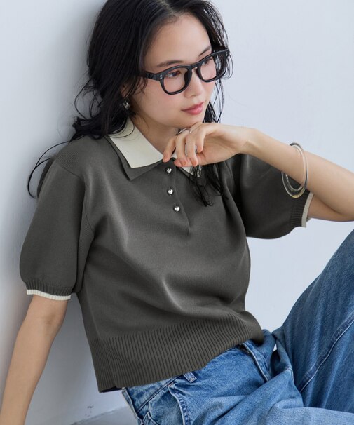 ダブルカラー半袖ポロニットトップス/イージーケア・WEB限定カラー