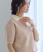 ダブルカラー半袖ポロニットトップス/イージーケア・WEB限定カラー