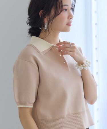 ダブルカラー半袖ポロニットトップス/イージーケア・WEB限定カラー