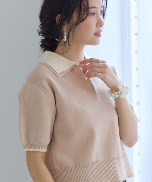 ダブルカラー半袖ポロニットトップス/イージーケア・WEB限定カラー