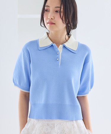 【新色追加】ダブルカラー半袖ポロニットトップス/WEB限定カラー