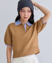 ダブルカラー半袖ポロニットトップス/イージーケア・WEB限定カラー