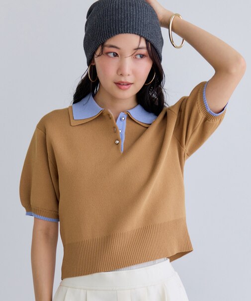 ダブルカラー半袖ポロニットトップス/イージーケア・WEB限定カラー