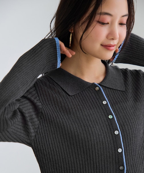 ポロ襟配色シアーリブカーディガン/イージーケア