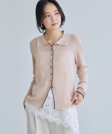 ポロ襟配色シアーリブカーディガン/イージーケア