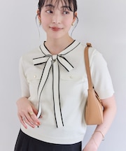 リボン付き半袖ニットプルオーバー/イージーケア