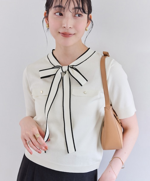リボン付き半袖ニットプルオーバー/イージーケア