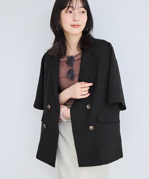 美easyリネンライクハーフスリーブダブルジャケット/イージーケア・接触冷感・セットアップ対応