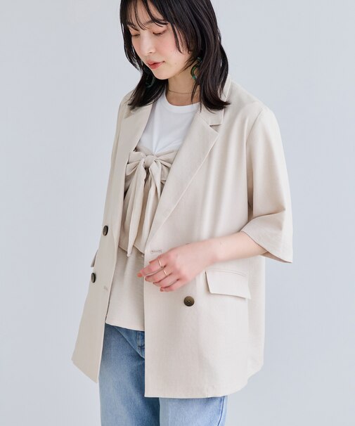 美easyリネンライクハーフスリーブダブルジャケット/イージーケア・接触冷感・セットアップ対応