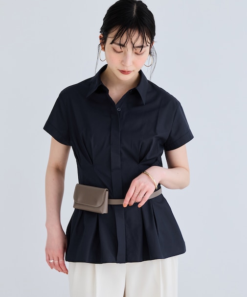 ウエストタックペプラム半袖シャツブラウス