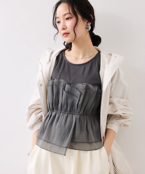 チェック＆無地ビスチェドッキング半袖プルオーバー/イージーケア