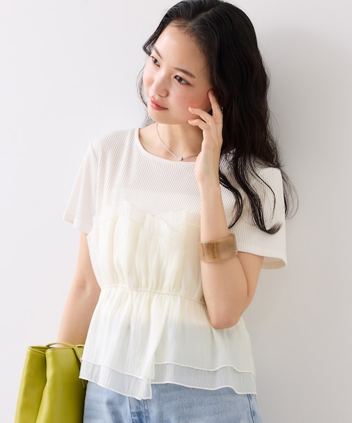 チェック＆無地ビスチェドッキング半袖プルオーバー/イージーケア