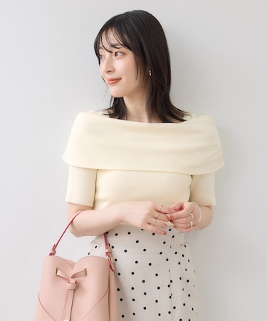 サイドギャザーオフショル5分袖ニット