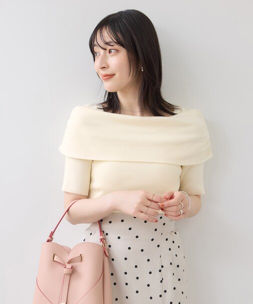 サイドギャザーオフショル5分袖ニット