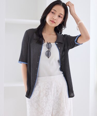 ポロ襟シアーリブハーフスリーブカーディガン