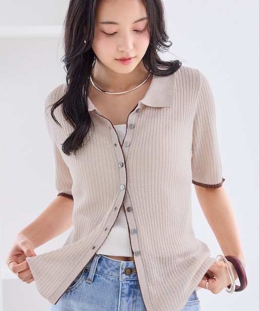 ポロ襟シアーリブハーフスリーブカーディガン