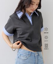 ICE BEAUTY ドッキング衿ハーフスリーブプルオーバー/UVケア・接触冷感・汗染み防止