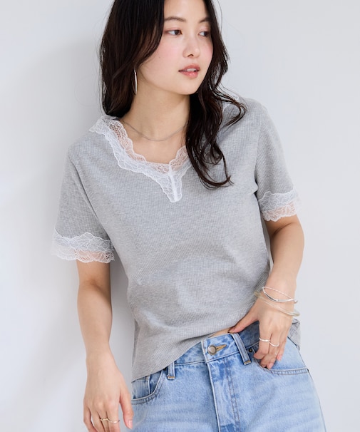 レーストリムVネックTシャツ/汗ジミ加工