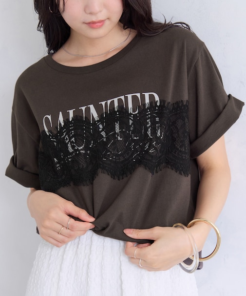 レースレイヤードロゴ半袖Tシャツ
