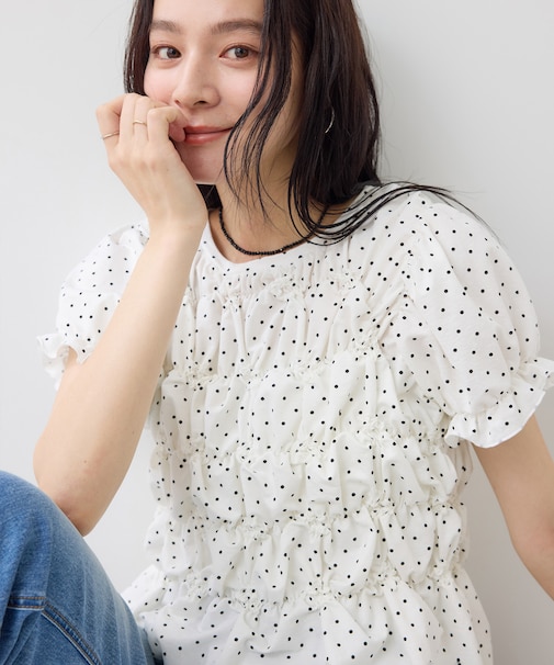 ドット＆無地アソート シャーリングデザインカットソー