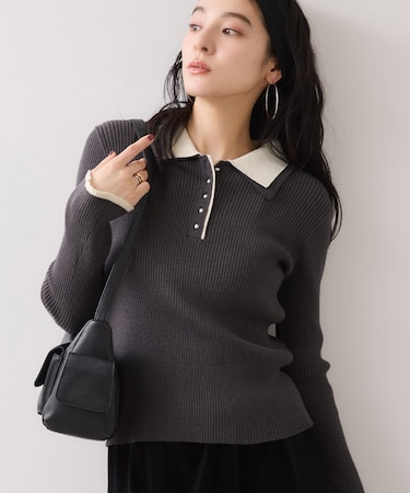 【WEB限定】ダブルカラーポロニットトップス