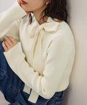 サイドネックリボンニットトップス