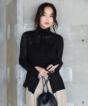 ハイネック配色シアーリブカーデ